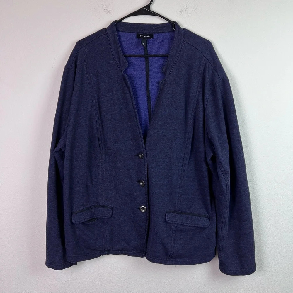 Torrid Blazer Size 4 Blue Knit 3 Button Up‎ Jacket Plus Size Pockets